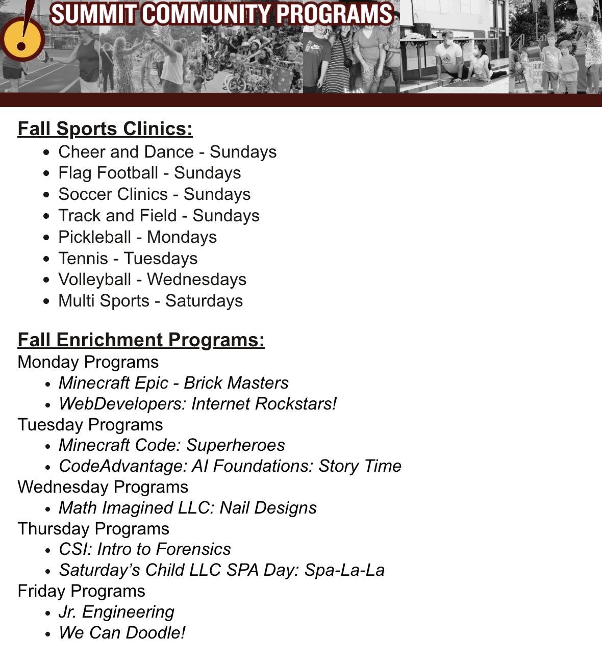 screenshot of list of DCP fall enrichment programs
